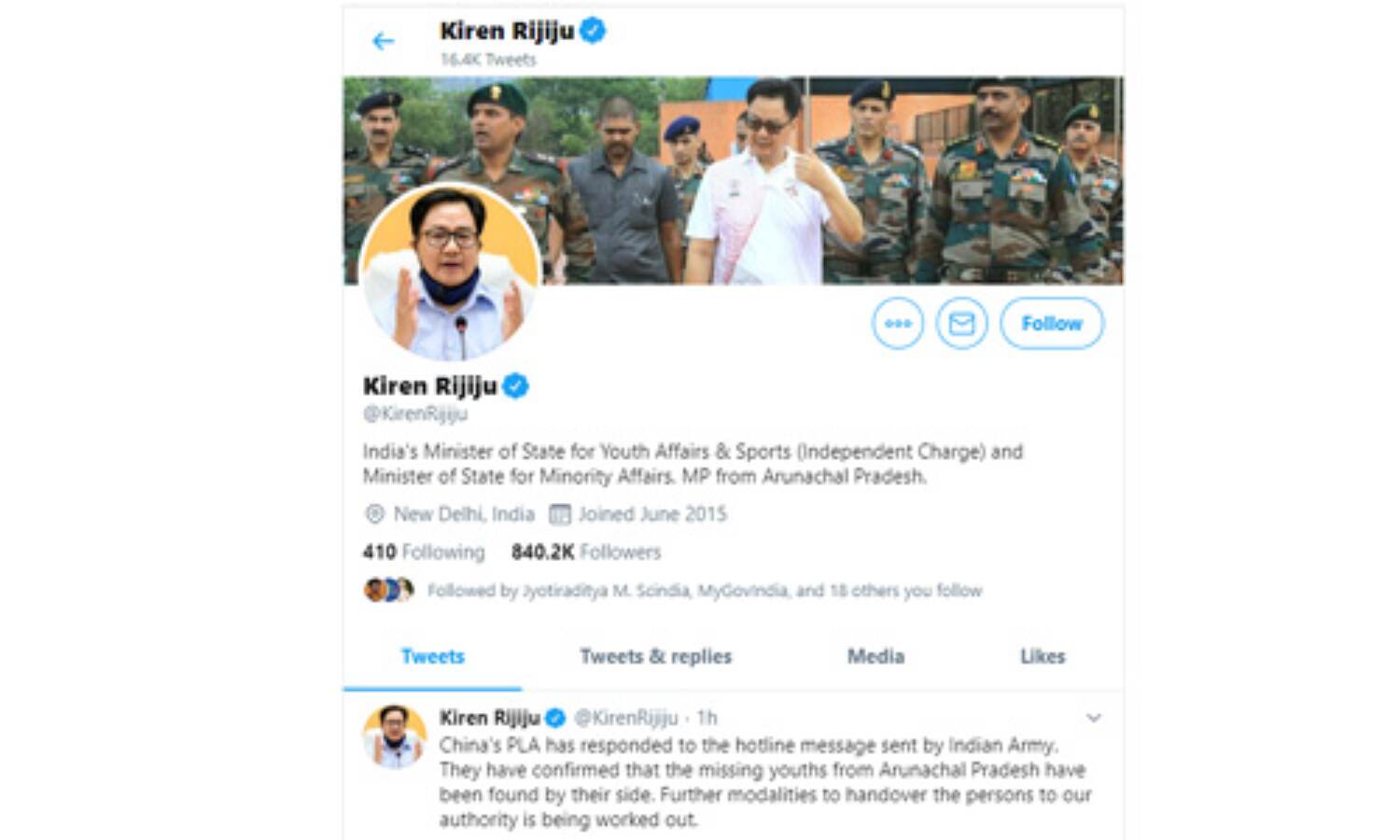 PLA ने दी जानकारी , अरुणाचल से लापता हुए 5 भारतीय युवक चीन में : किरेन रिजिजू