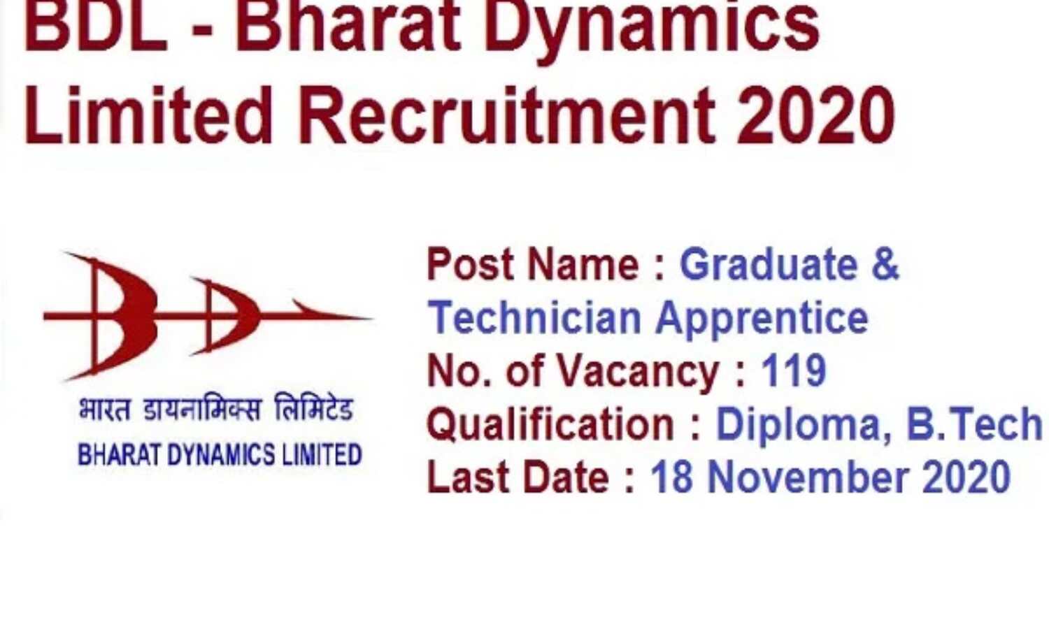 बीडीएल में स्नातक व इंजीनियरिंग पास के लिए 119 पदों पर भर्तियां, देखें डिटेल्स
