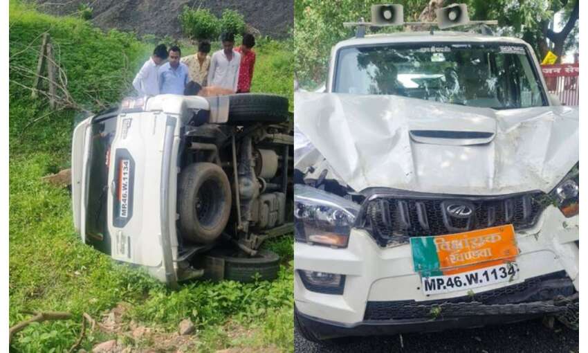 खंडवा विधायक शर्मा की कार खाई में गिरी, बाल- बाल बचे