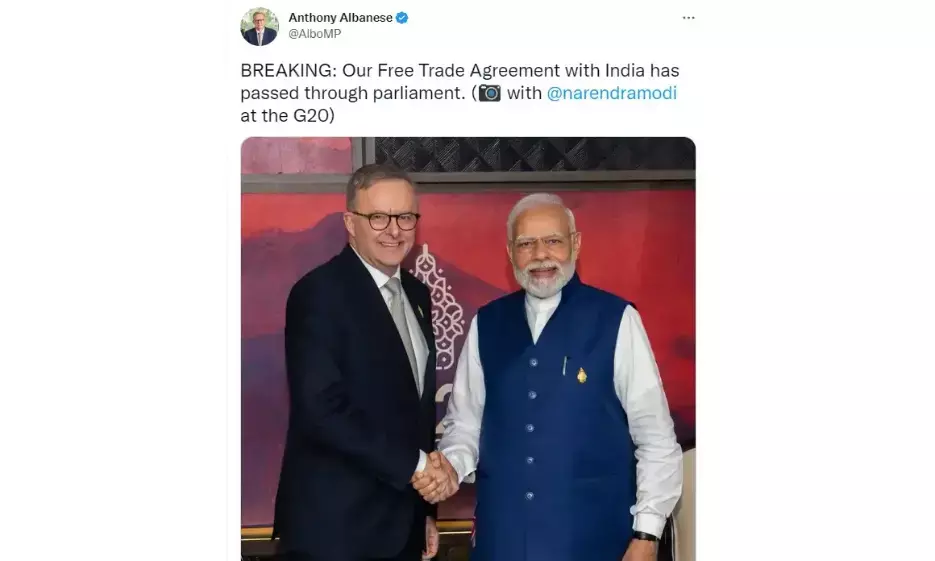 भारत के साथ मुक्त व्यापार समझौते को ऑस्ट्रेलियाई संसद की मंजूरी, प्रधानमंत्री अल्बनीस ने ट्वीट कर दी जानकारी
