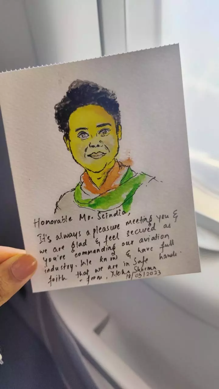 नेहा के द्वारा प्लेन में बनाया गया सिंधिया का स्केच 