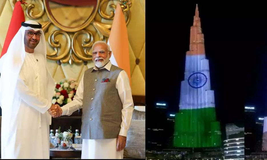 प्रधानमंत्री मोदी पहुंचे UAE, स्वागत में भारत के रंग में रंगा बुर्ज खलीफा