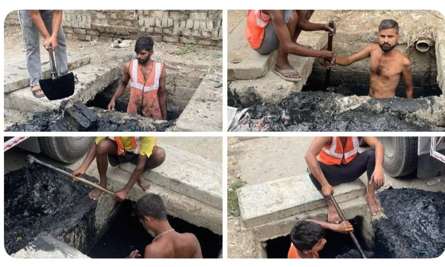 बिना सेफ्टी गियर्स के कर्मचारियों से करवाया मैला साफ